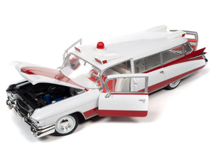 AUTO-WORLD 1959 Cadillac Eldorado Ambulance Red and White 1/18 Diecast Model
