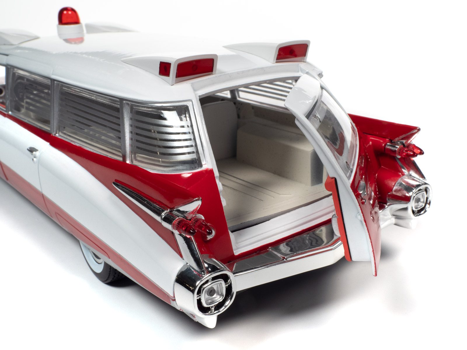 AUTO-WORLD 1959 Cadillac Eldorado Ambulance Red and White 1/18